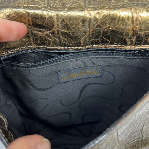 Carlos Falchi Structured Crossbody Goldtone Pewter Croc Embossed Leather Bag - Picture 10 of 15